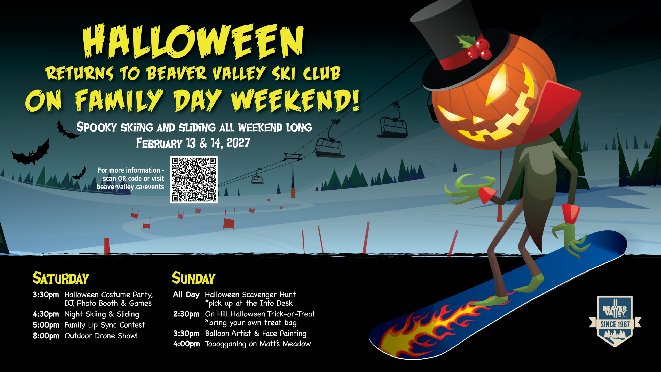 Promotional poster for Halloween at Beaver Valley Ski Club with a carved pumpkin character and bold yellow text announcing Family Day Weekend events and schedule details.