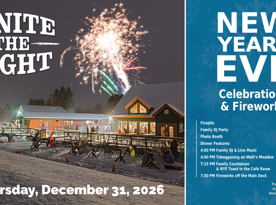 Split image of a winter event: fireworks over a snow-covered venue on the left with 'Ignite the Night' text, and a blue 'New Year's Eve' poster on the right.