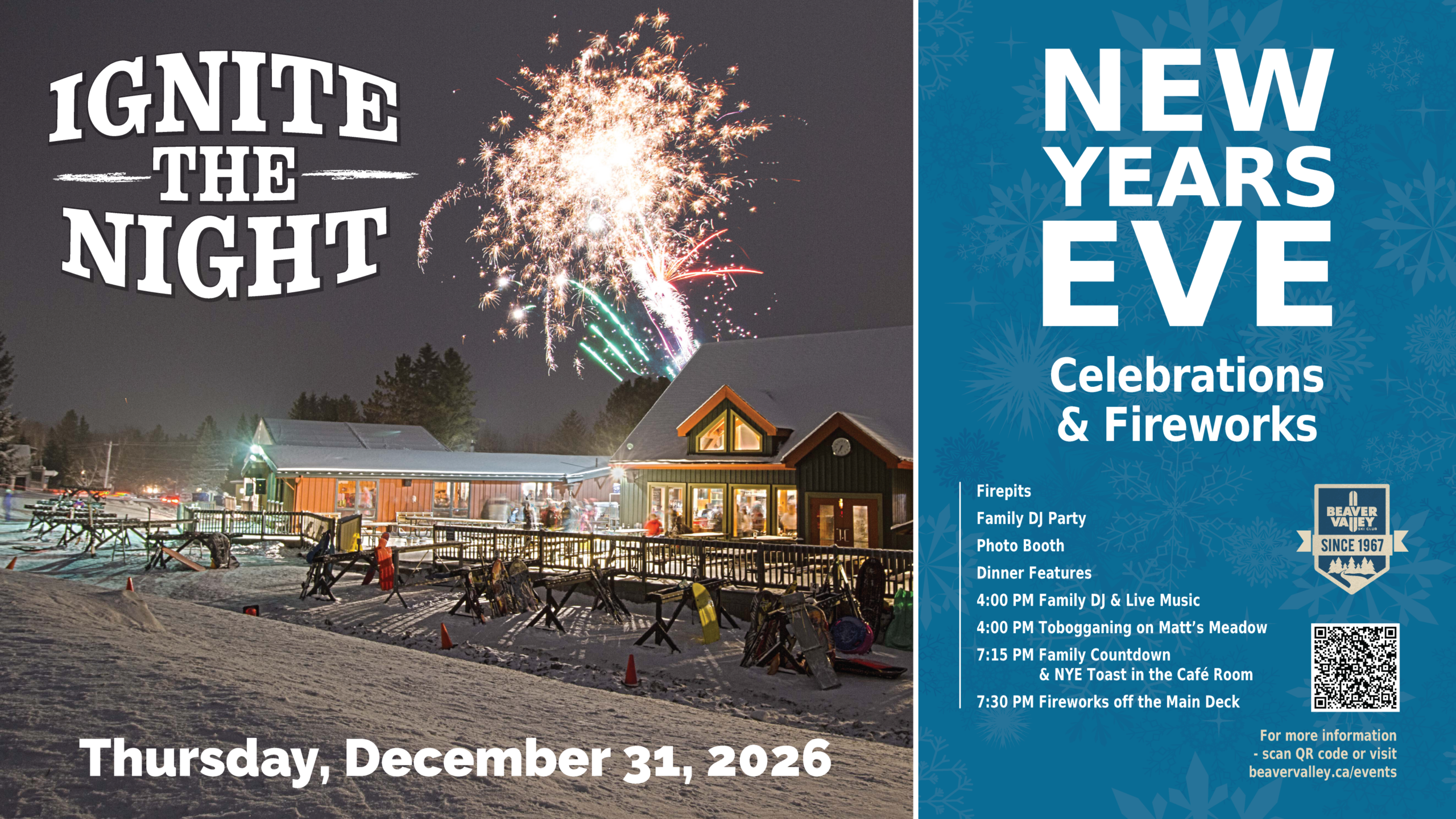 Split image of a winter event: fireworks over a snow-covered venue on the left with 'Ignite the Night' text, and a blue 'New Year's Eve' poster on the right.