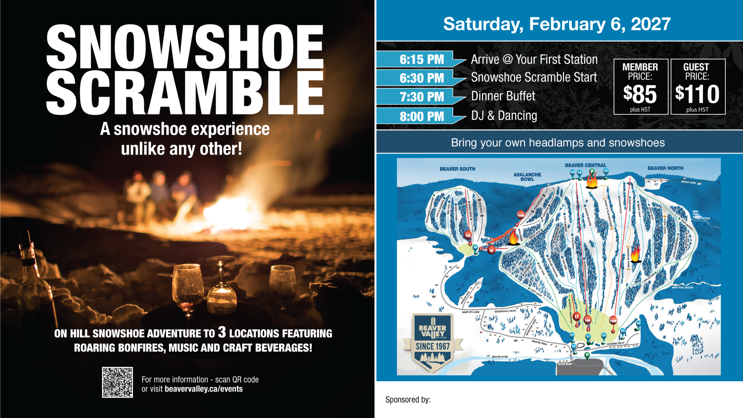 Split-event poster: left panel shows a bonfire scene advertising 'Snowshoe Scramble' with text and QR code; right panel lists schedule, prices, and a ski-map.