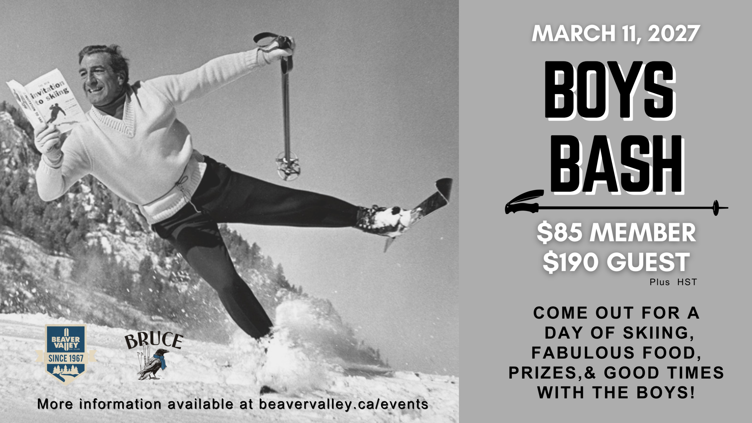 Black-and-white action photo of a man skiing mid-air on the left; on the right, a gray poster announces March 11, 2027 Boys Bash with member/guest pricing and event details.