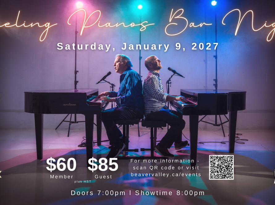 Poster for Dueling Pianos Bar Night featuring two pianists at pianos; date Jan 9, 2027; tickets $60 member, $85 guest; includes QR code for more information.