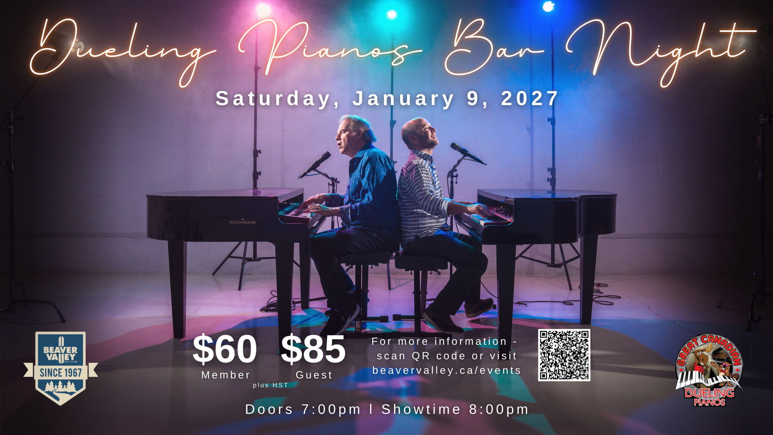 Poster for Dueling Pianos Bar Night featuring two pianists at pianos; date Jan 9, 2027; tickets $60 member, $85 guest; includes QR code for more information.