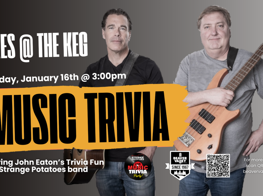 Poster advertising a music event: two men with guitars on a gradient background, ‘APRES @ THE KEG,’ Saturday Jan 16 at 3:00pm, with a bold orange ‘MUSIC TRIVIA’ banner.