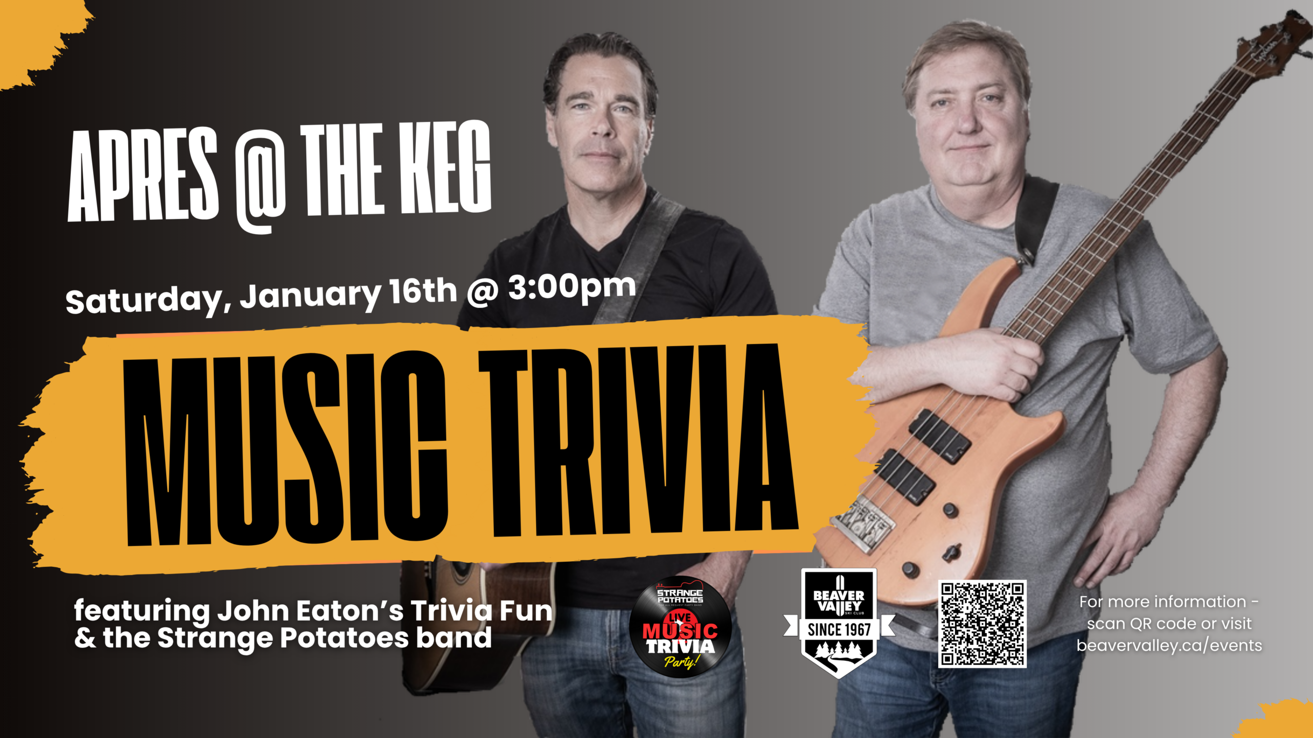 Poster advertising a music event: two men with guitars on a gradient background, ‘APRES @ THE KEG,’ Saturday Jan 16 at 3:00pm, with a bold orange ‘MUSIC TRIVIA’ banner.