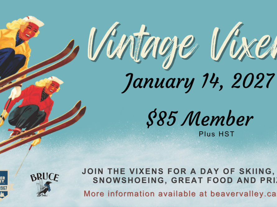 Event poster with two vintage skiers jumping on the left, teal background, bold 'Vintage Vixens' title, date January 14, 2027 and price '$85 Member' on the right side.