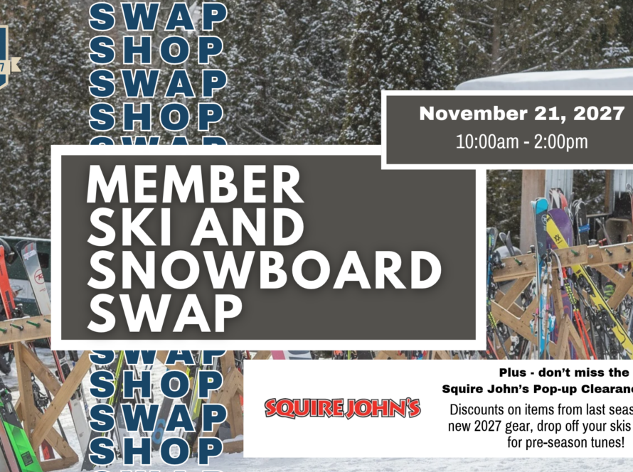 Promotional banner for Beaver Valley Ski Club's Member Ski and Snowboard Swap; date November 21, 2027, 10:00am–2:00pm, with skis and snowboards on display.
