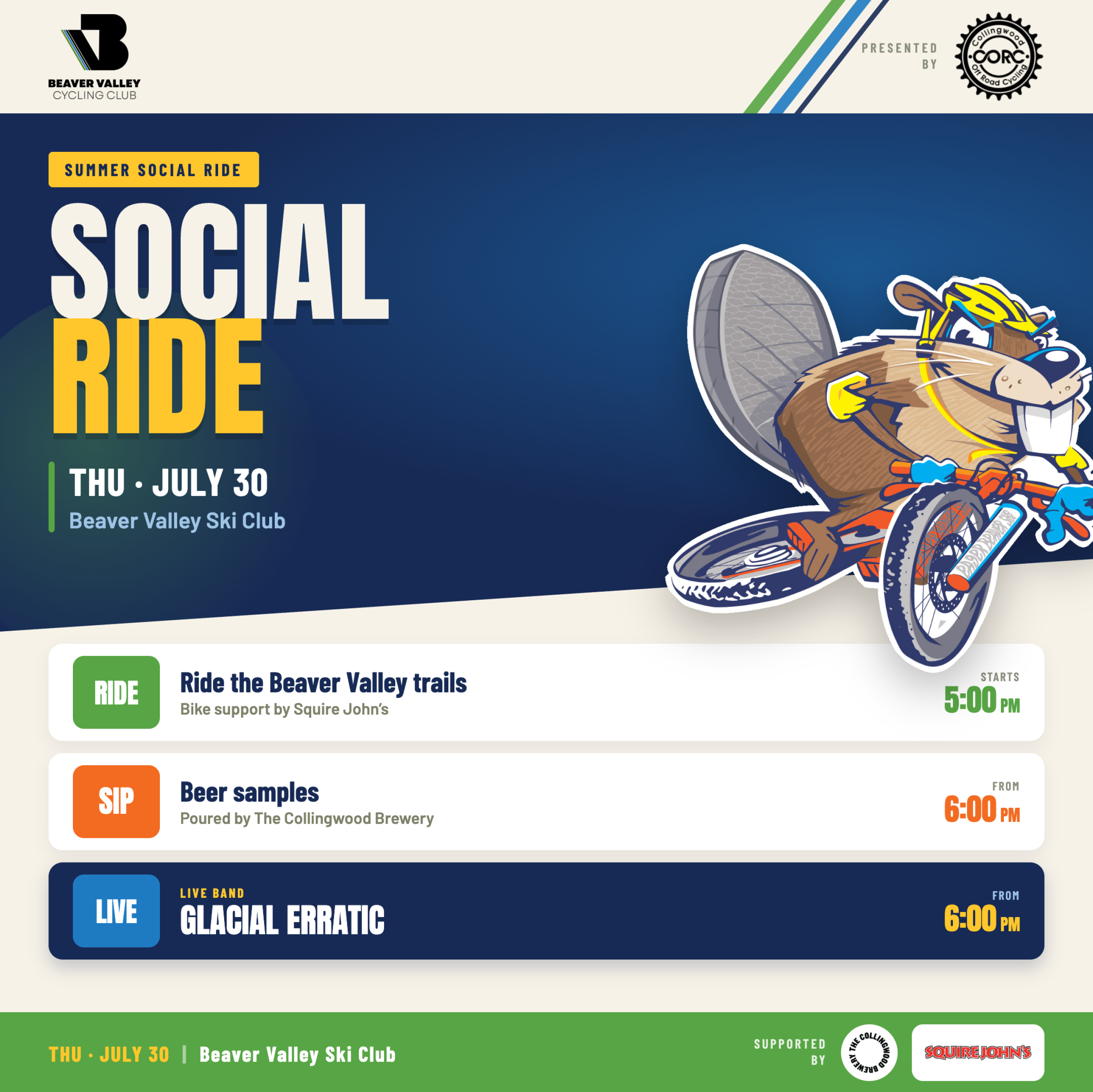 Promotional banner for Beaver Valley Cycling Club: Summer Social Ride with a cartoon cyclist on a blue gradient background.