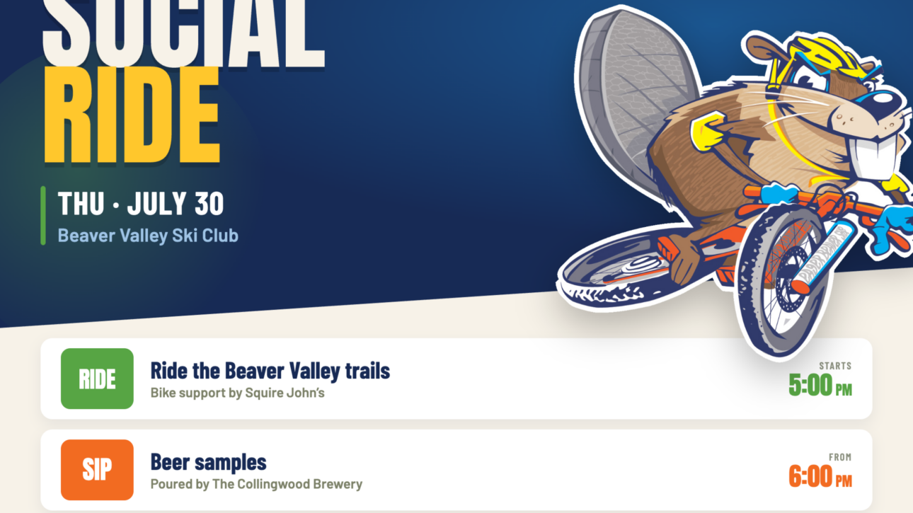 Beaver Valley Cycling Club banner advertising the Summer Social Ride with a cartoon cyclist on a blue gradient background.